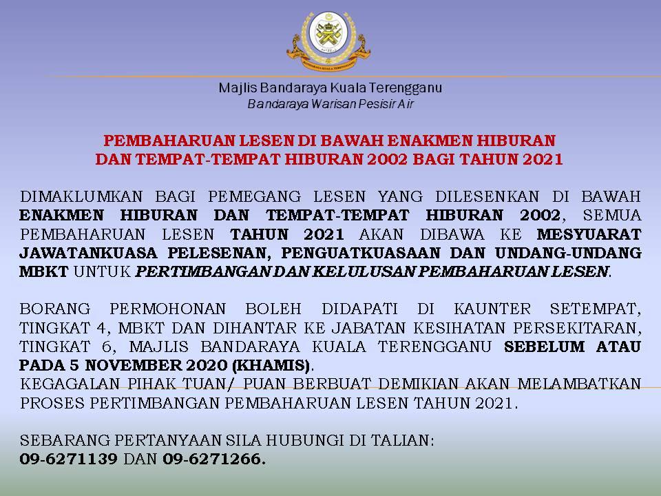 Pembaharuan Lesen Di Bawah Enakmen Hiburan dan Tempat-tempat Hiburan 2002 bagi tahun 2021