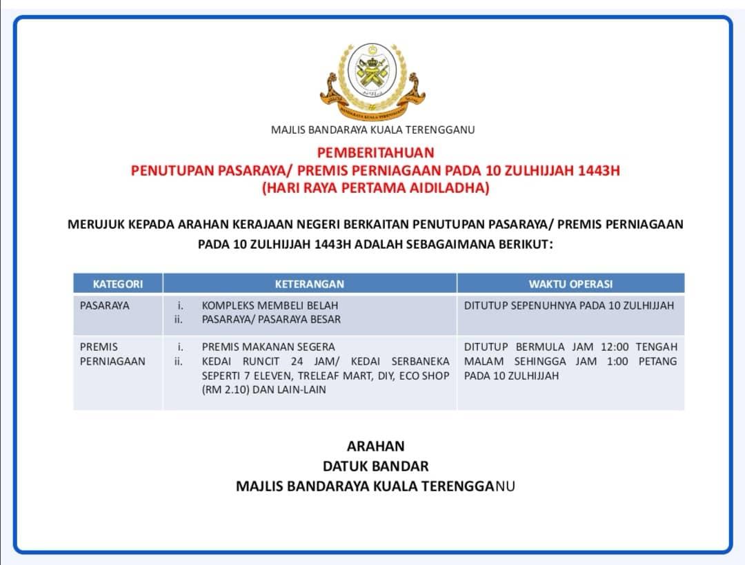 NOTIS PEMBERITAHUAN PENUTUPAN PASARAYA / PREMIS PERNIAGAAN PADA 10 ZULHIJJAH 1443H (HARI RAYA PERTAMA AIDILADHA)