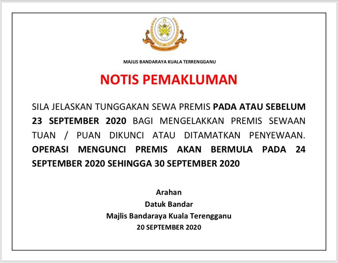 Notis Pemakluman Tunggakan Sewa Premis