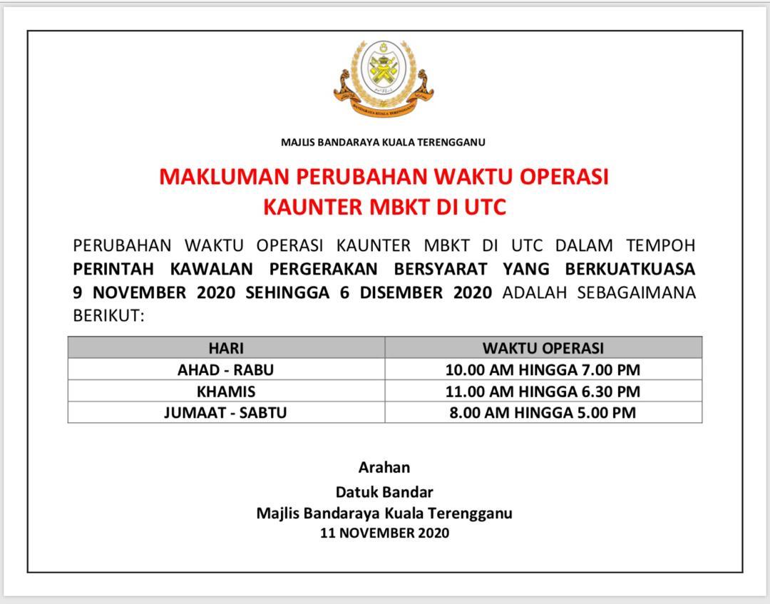 Makluman Perubahan Waktu Operasi Kaunter MBKT di UTC