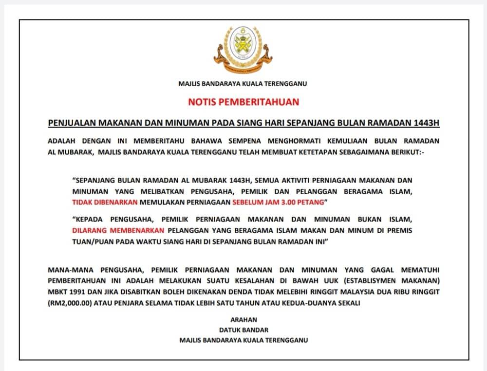 NOTIS PEMBERITAHUAN PENJUALAN MAKANAN DAN MINUMAN PADA SIANG HARI SEPANJANG BULAN RAMADHAN 1443H