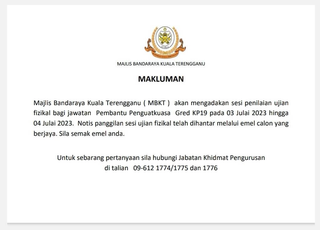 MAKLUMAN BERKENAAN SESI PENILAIAN FIZIKAL BAGI JAWATAN PEMBANTU PENGUATKUASA GRED KP19