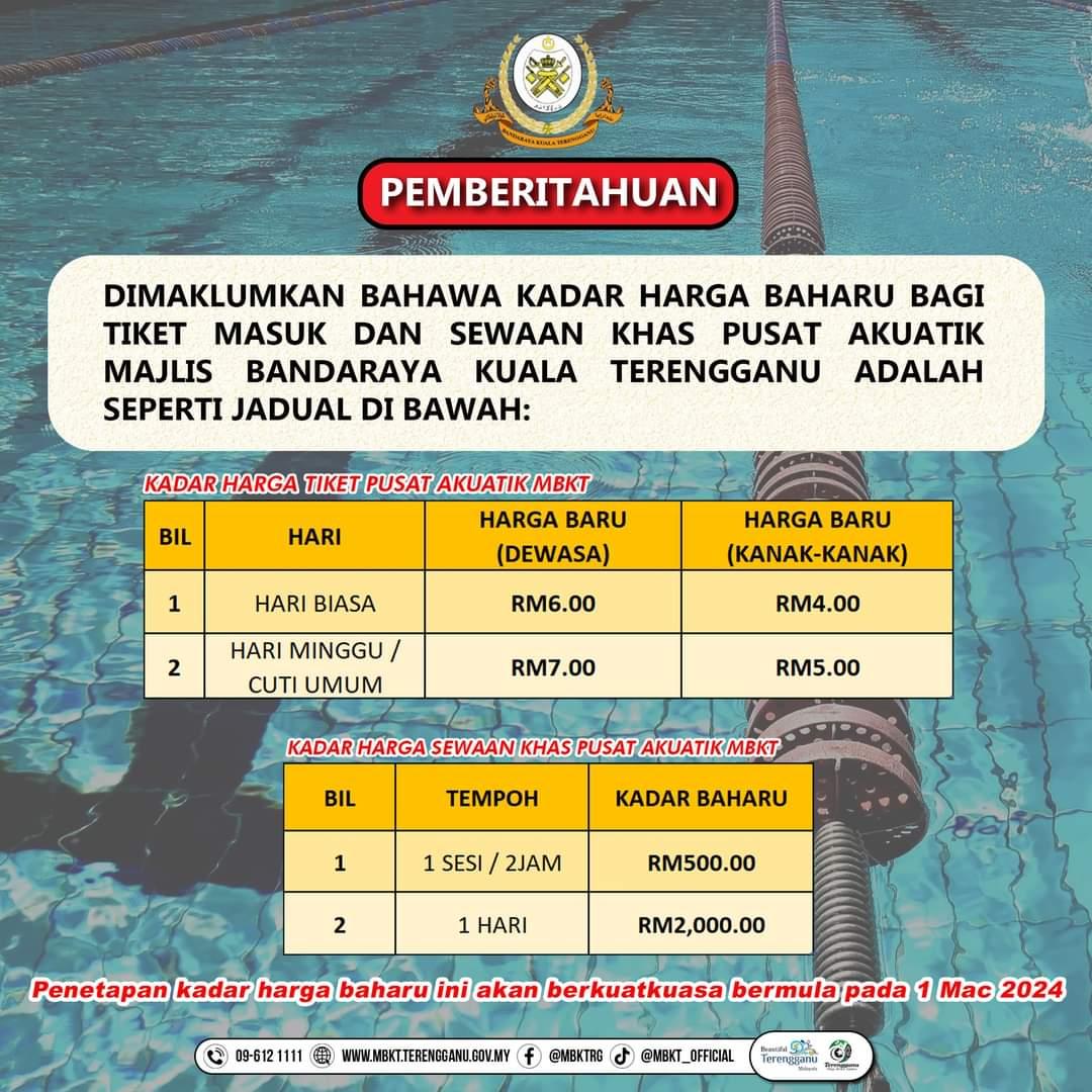 KADAR HARGA BAHARU TIKET MASUK DAN SEWAAN KHAS PUSAT AKUATIK MBKT